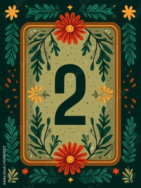 Fototapeta A green card with a flowery border and a number 2 in the middle