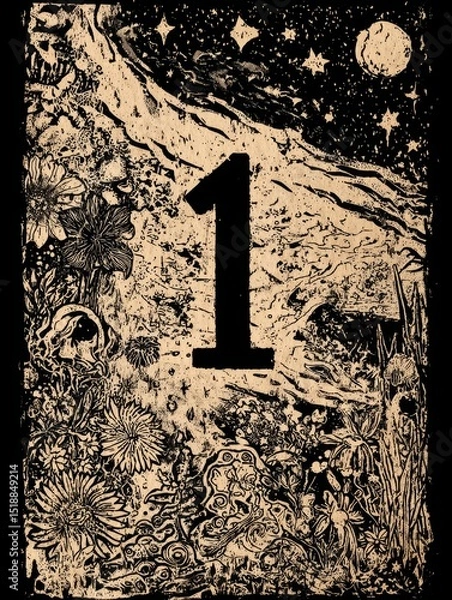 Fototapeta A black and white drawing of a forest with a skull and a number 1
