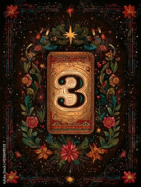 Fototapeta A colorful card with a flowery border and a number 3 in the center