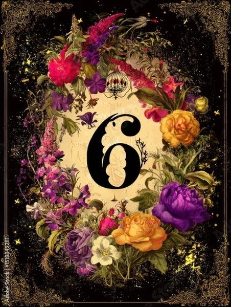 Fototapeta A colorful floral design with the number 6 in the center