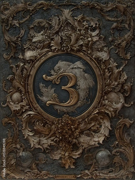 Fototapeta A gold and silver framed piece of art with a number 3 on it