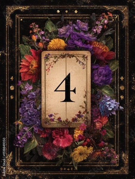 Fototapeta A card with a flowery border and the number 4 in the center