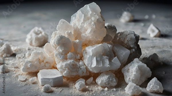 Obraz calcite white powder minerals Magnesium oxide, is a natural product, obtained from the calcination of the mineral magnesia, strengthens the digestive system. Medicine or pharmacy Generate AI,