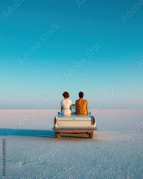 Fototapeta Modern Lifestyle Couple Stargazing on Vintage Car in Expansive Desert at Dusk Symbolizing Freedom, Exploration, and Connection Inspirational Travel Marketing Image
