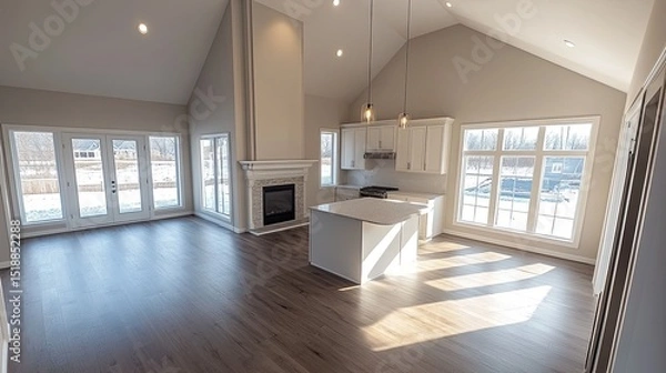 Obraz Interior view of a modern open concept living space with kitchen and fireplace and large windows