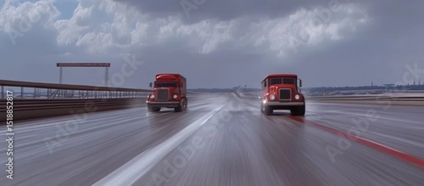 Obraz Road transportation showcasing two vintage red trucks speeding on the asphalt