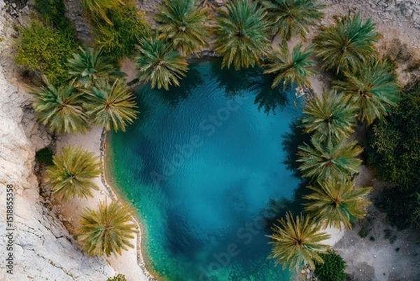 Fototapeta Aerial view of a remote desert oasis, with palm trees encircling a shimmering blue pond