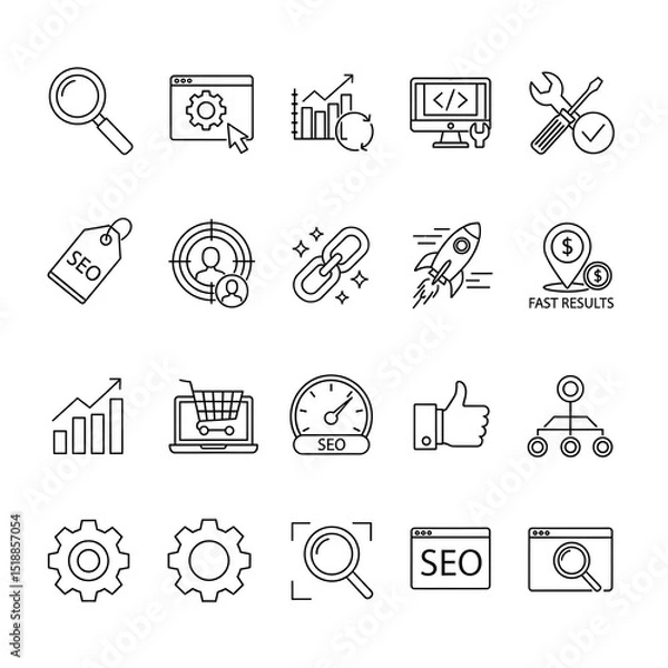 Fototapeta Essential seo and digital marketing icons illustrating optimization strategies for website ranking and online business growth.