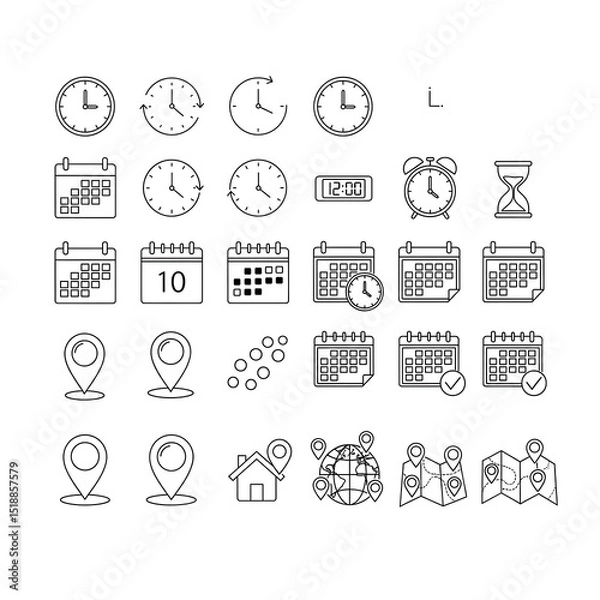 Fototapeta Collection of outline time schedule and location icons representing calendars clocks and maps