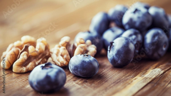 Fototapeta Close-up of fresh blueberries and walnuts arranged on a rustic wooden table illuminated by soft morning sunlight, symbolizing brain-healthy superfoods for Alzheimer's prevention and cognitive wellness