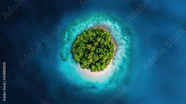 Fototapeta Aerial view of a remote island surrounded by coral reefs and deep blue ocean waters