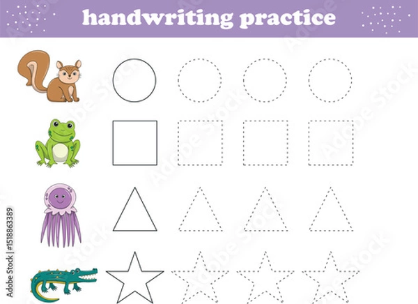 Fototapeta Handwriting Practice. Tracing lines of different shape for kids with animals. Vector Illustration