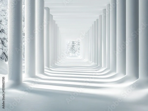 Fototapeta Minimalist white geometric background with symmetrical light-shadow lines: futuristic tech aesthetic for product displays, architectural visualization, or interior design