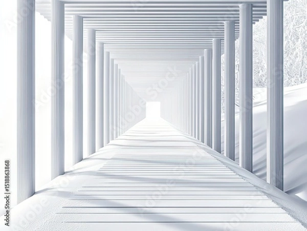 Fototapeta Minimalist white geometric background with symmetrical light-shadow lines: futuristic tech aesthetic for product displays, architectural visualization, or interior design