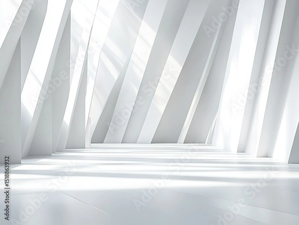 Fototapeta Minimalist white geometric background with symmetrical light-shadow lines: futuristic tech aesthetic for product displays, architectural visualization, or interior design