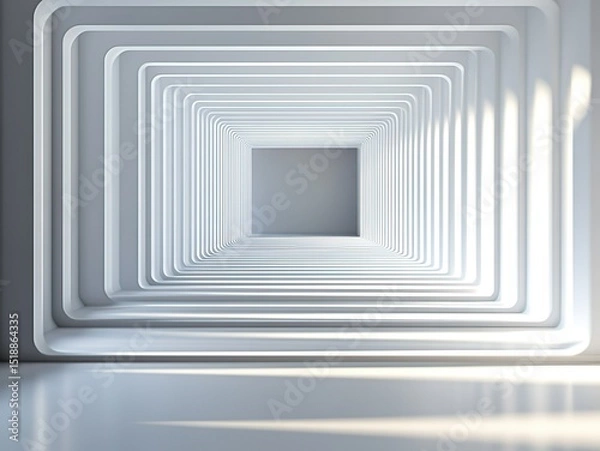 Fototapeta Minimalist white geometric background with symmetrical light-shadow lines: futuristic tech aesthetic for product displays, architectural visualization, or interior design