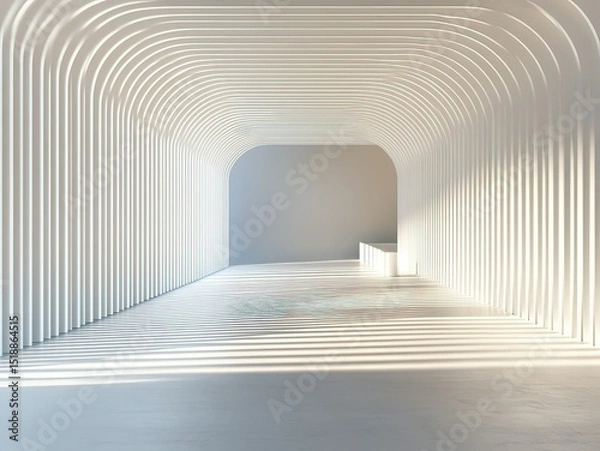 Fototapeta Minimalist white geometric background with symmetrical light-shadow lines: futuristic tech aesthetic for product displays, architectural visualization, or interior design