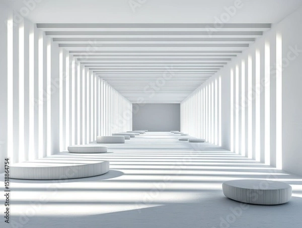 Fototapeta Minimalist white geometric background with symmetrical light-shadow lines: futuristic tech aesthetic for product displays, architectural visualization, or interior design