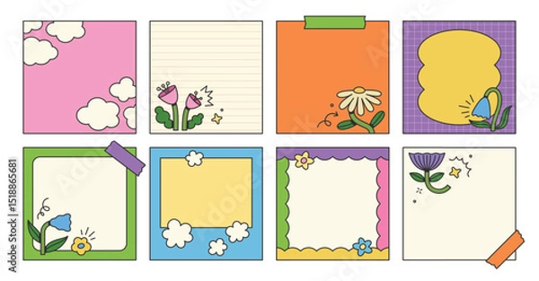 Fototapeta Post templates with stylized floral elements and sticker notes. Groovy flat design, colorful posters. Rewilding retro design.
