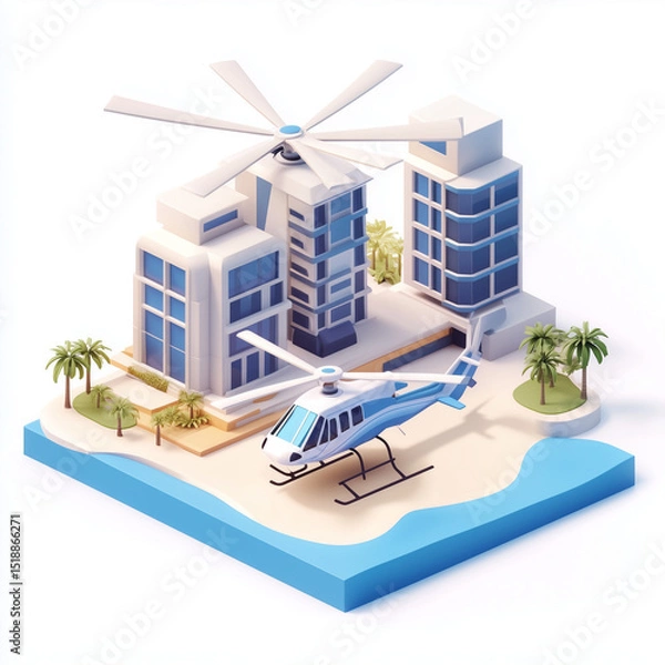 Fototapeta Abstract 3D rendering of a helicopter flying over a scenic beach with urban architecture in the background, precise isometric flat design,symbolizing travel, leisure, and technological innovation