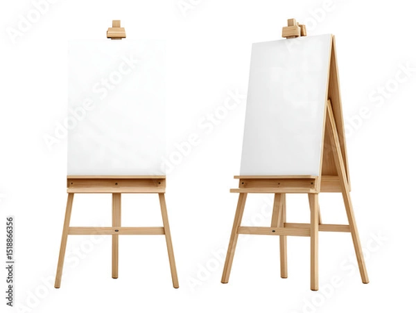 Fototapeta A blank white poster mockup on an wooden easel isolated on transparent background. Billboard concept