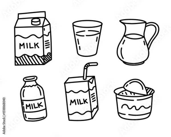 Fototapeta Set of milk vector illustrations with doodle style on a white background