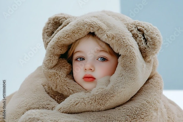 Obraz Cozy child snuggled in bear blanket indoor setting portrait photography soft atmosphere close-up view comfort concept