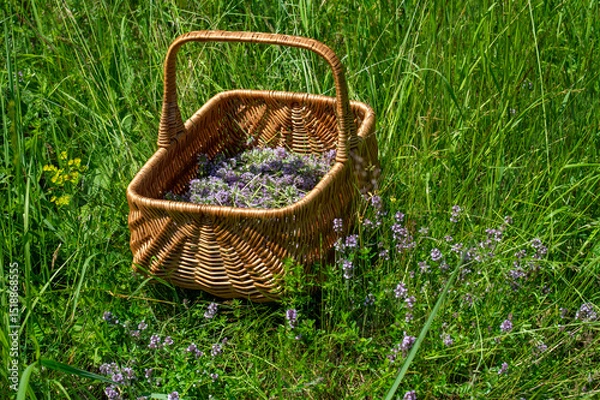 Obraz Wild thyme (Thymus serpyllum) also known as Breckland thyme or Creeping thyme in the wicker basket.