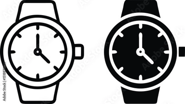 Fototapeta Minimalist Black and White Analog Wristwatch Icon with Simple Face and Leather Strap in Flat Vector Style