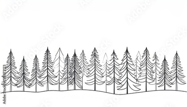 Fototapeta Line Drawn Forest Scene With Minimalist Trees Under A Soft White Sky in Black and White