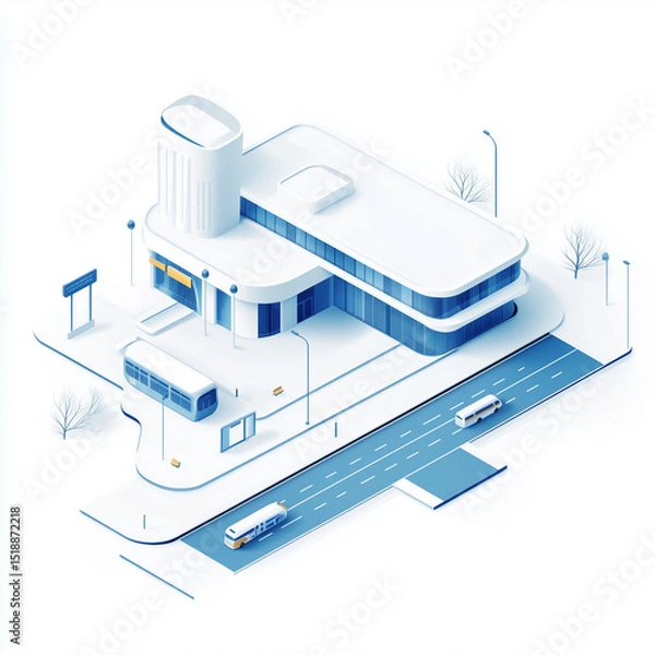 Fototapeta Abstract 3D rendering of a highway station featuring urban architecture with blue and white color scheme on clean white background, transportation infrastructure and technological innovation.