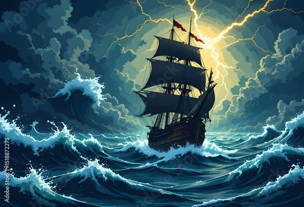Fototapeta Pixel Art Galleon: Tempest at Sea