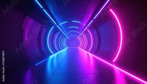 Fototapeta Vaporwave Futuristic Chrome Corridor With Glowing Neon Lights in Purple And Blue Colors