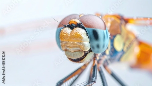 Fototapeta Close Up Macro Shot Dragonfly Head With Dew Drops Orange And Blue Hues Against White Background