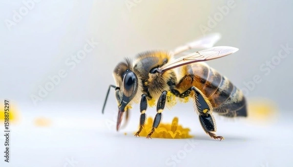 Fototapeta Close-Up Of Honeybee With Pollen Covered Legs Gripping Flower Stamen Against Blurred White Background