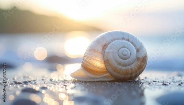 Fototapeta Close-Up Of Wet Snail Shell Glistening On Beach With Soft Evening Light
