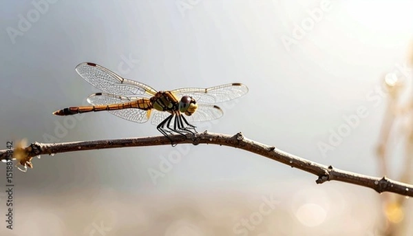 Fototapeta Detailed Close Up Dragonfly Resting On A Water Droplet Covered Twig With Shimmering Wings Against A Blurred Background