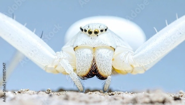 Fototapeta Extreme Macro Of A White Spider Showing Venom Dripping From Its Fangs Against A Pale Background