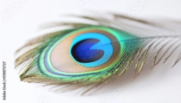 Fototapeta Macro Close Up Of A Peacock Feather Displaying Detailed Iridescent Colors On White Background