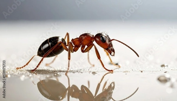 Fototapeta Macro Photograph Of An Ant Carrying A Water Droplet On A Wet Surface With Detailed Reflection