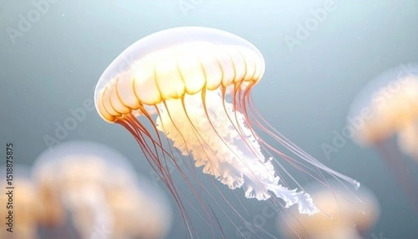 Fototapeta Macro Photograph Of Glowing Bioluminescent Jellyfish Illuminated In Dark Water With Flowing Tentacles And Blurred Background