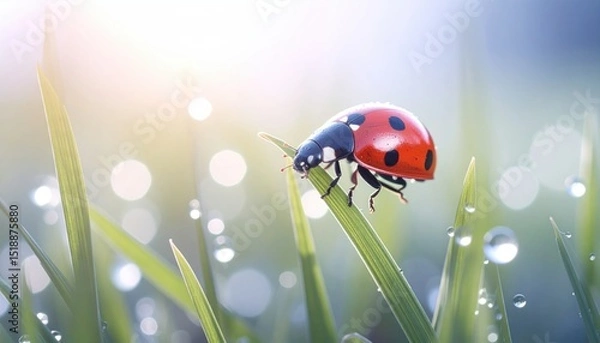 Fototapeta Macro Shot of a Ladybug Crawling on a Dewy Blade of Green Grass with Vibrant Red Spots in Bright Sunlight