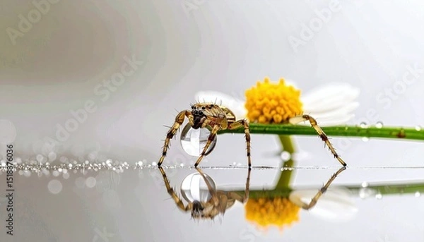Fototapeta Macro Shot of Spider With Water Droplet on Leg in Natural Light Showing Detailed Textures and Reflective Surface