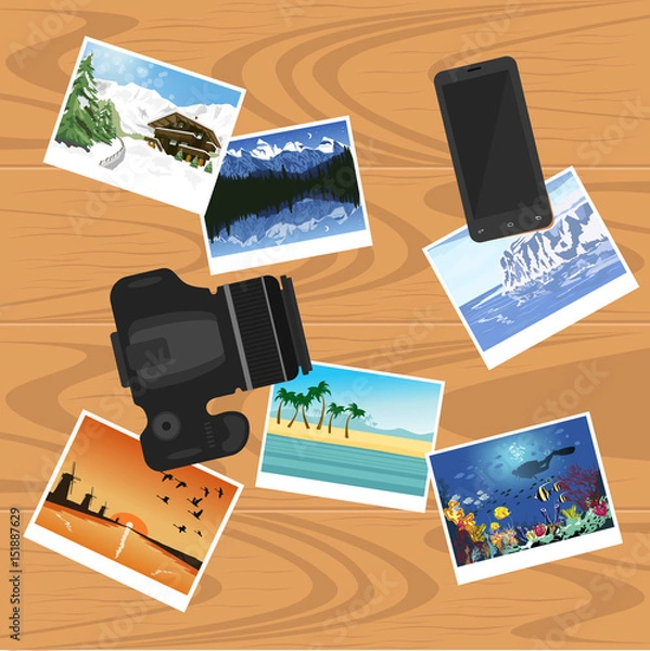 Fototapeta photocamera, smartphone and photographs on table, flat style banner, travel and vacation concept