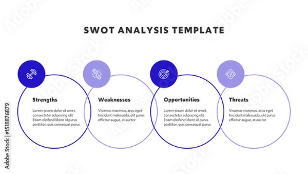 Fototapeta Four colorful elements with text inside placed around circle. Concept of SWOT-analysis template or strategic planning technique. Infographic design template. Vector illustration
