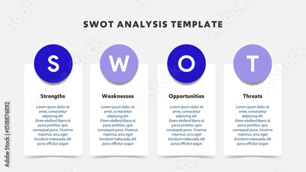 Fototapeta Four colorful elements with text inside placed around circle. Concept of SWOT-analysis template or strategic planning technique. Infographic design template. Vector illustration