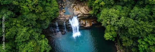 Fototapeta Aerial view of a waterfall cascading into a tranquil forest pool, surrounded by lush greenery