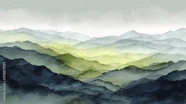 Obraz Abstract watercolor landscape with soft green and gray mountain layers, AI. High quality