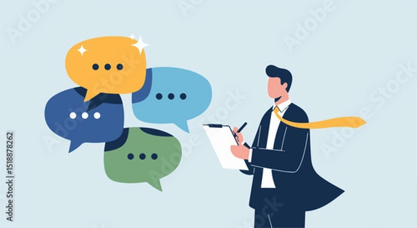 Fototapeta Actively Gathering Customer Feedback and Communication Insights Illustration.glowing speech bubbles, symbolizing customer surveys, feedback collection, communication, or idea generation.