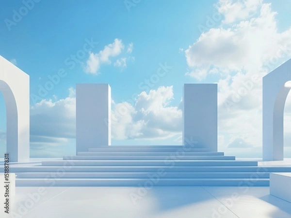 Fototapeta Minimalist blue-white stage set with stacked cubes and floating mist: pure abstract space for product displays or futuristic architectural visualization